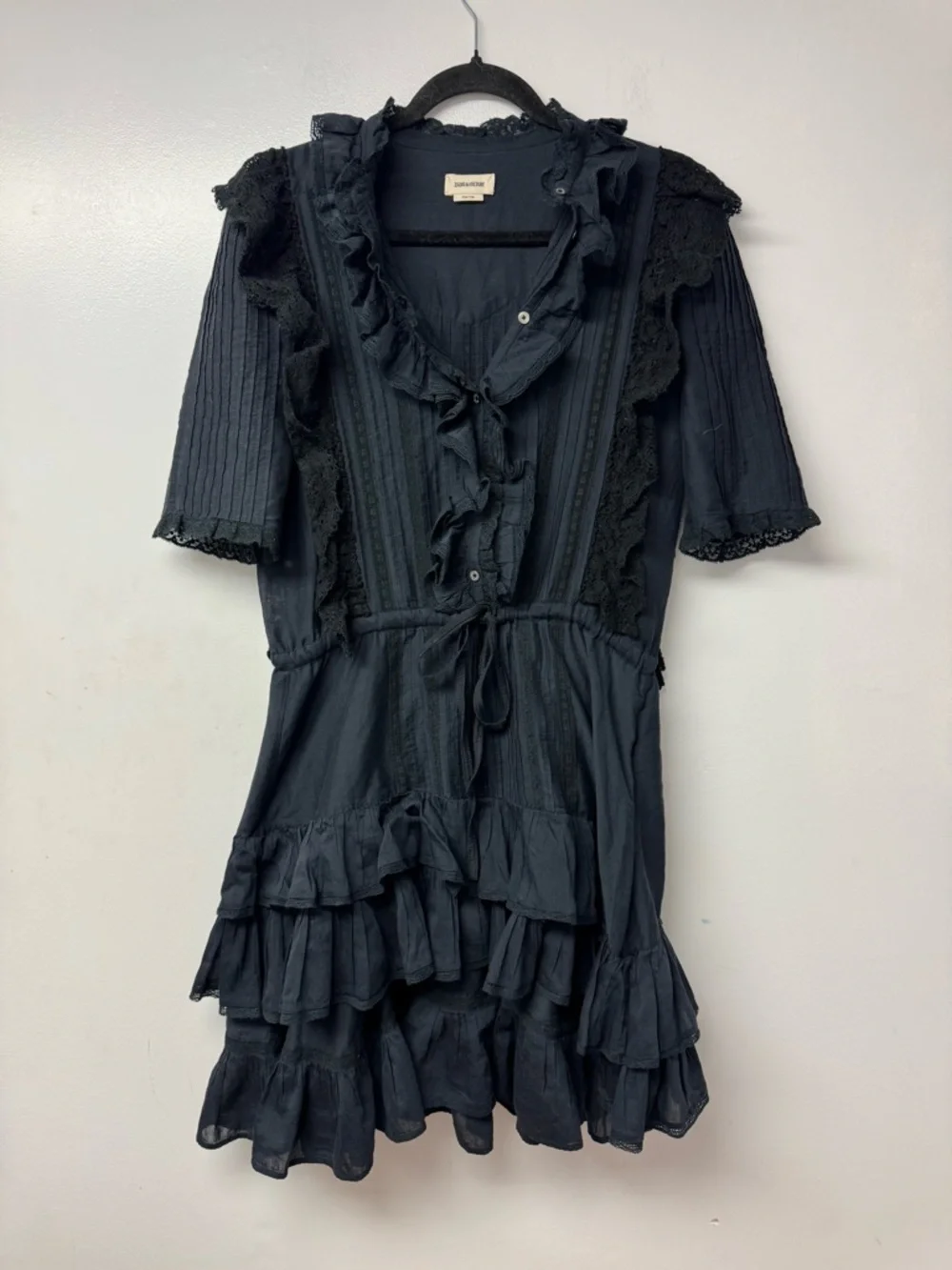 Zadig & Voltaire Ranky Dress Black Lace Ruffle Mini Boho Gothic Tiered Medium A4 - Picture 8 of 16